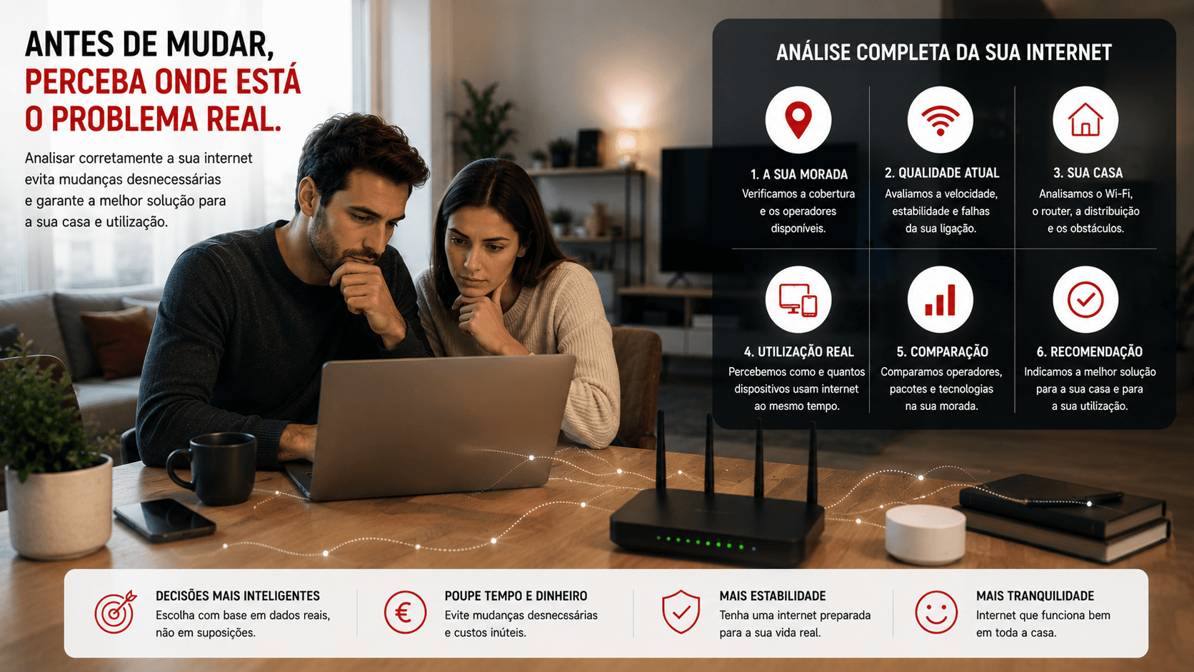Pessoa ou família a analisar qualidade da internet, cobertura e alternativas num portátil