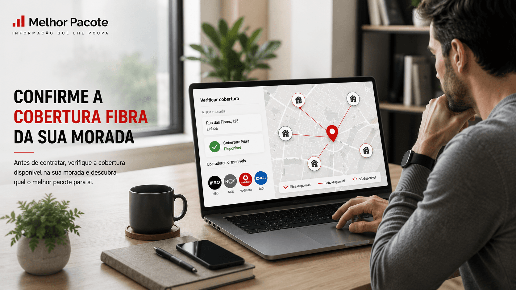 Pessoa moderna a verificar cobertura fibra da sua morada num portátil, com mapa abstrato e sinal de rede