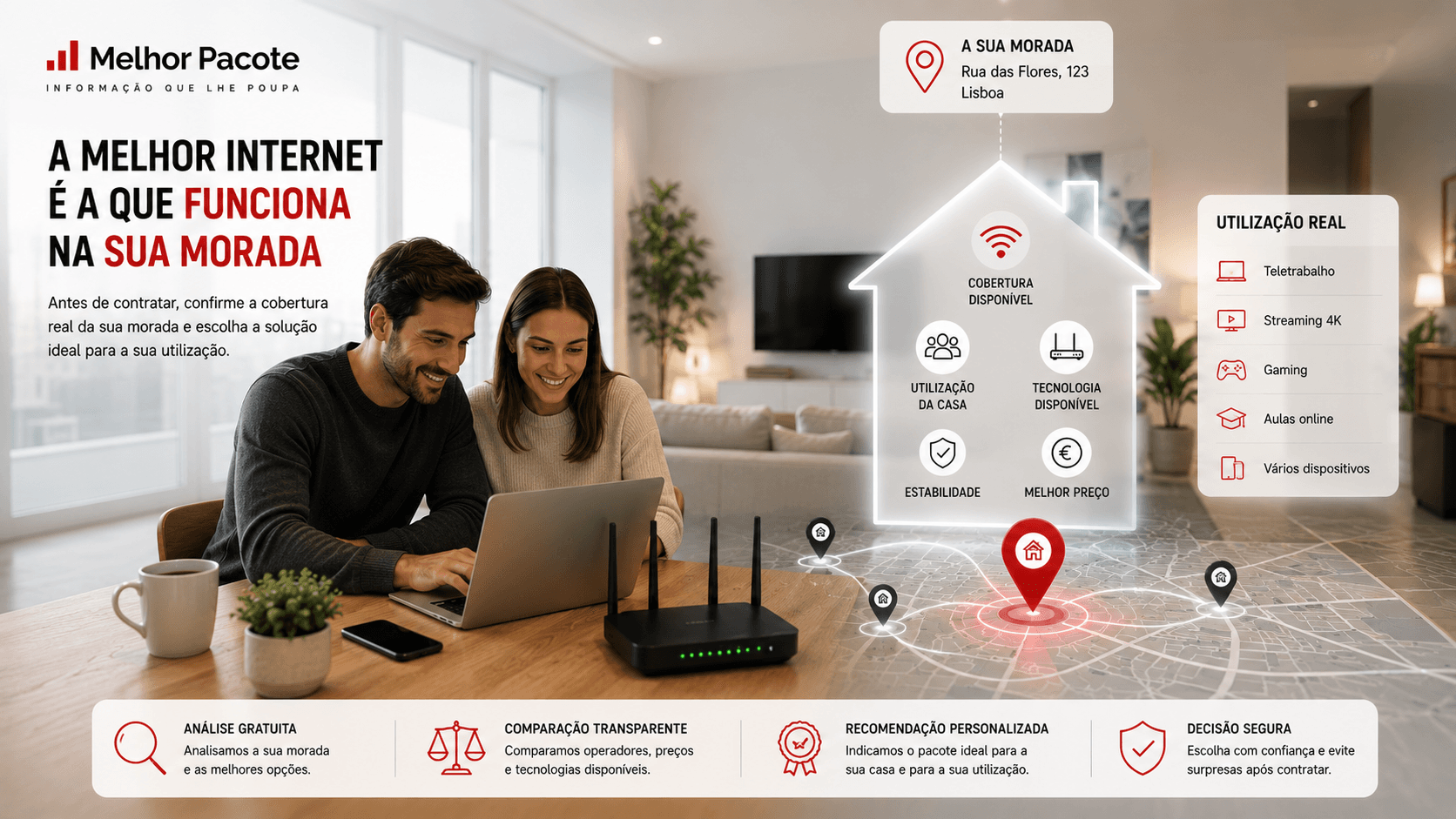 Pessoa ou família a escolher internet com base na morada, cobertura e utilização da casa