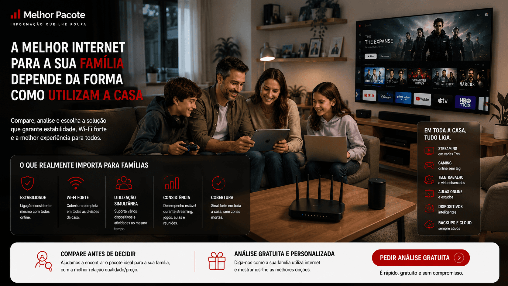 Comparação entre fibra e 5G numa casa moderna familiar