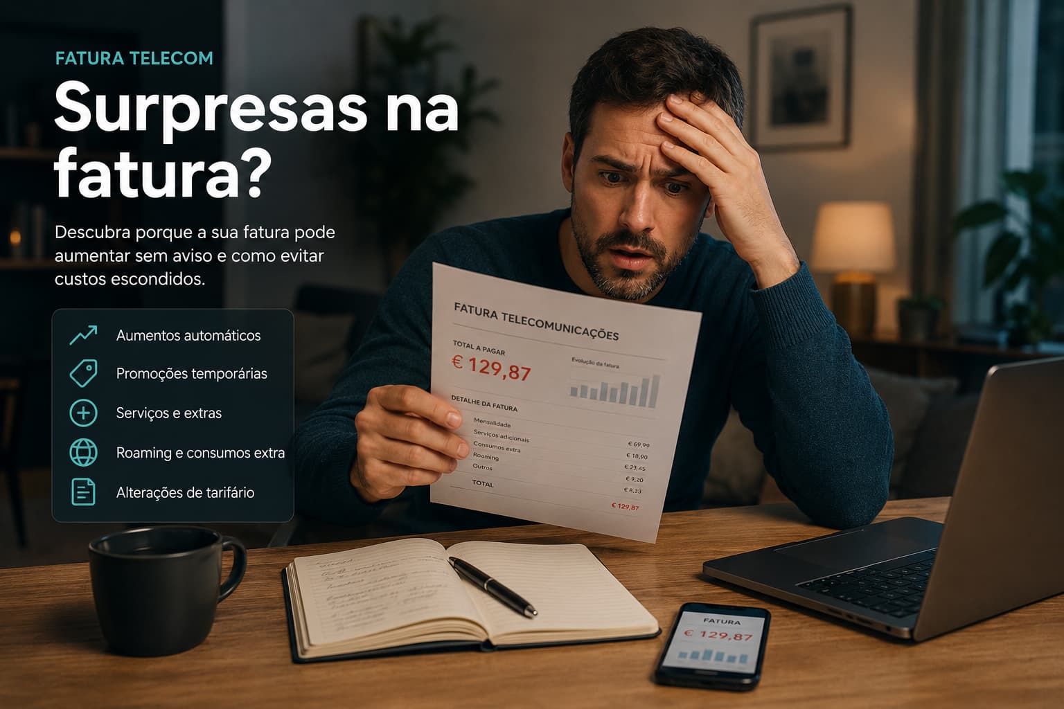 Pessoa surpreendida a olhar para uma fatura telecom elevada