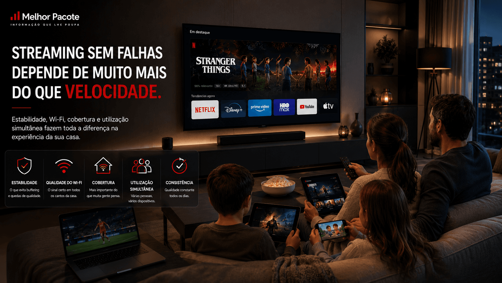 Sala premium moderna com streaming ativo em vários dispositivos