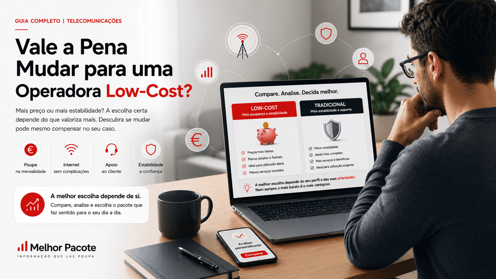 Pessoa moderna a comparar telecomunicações e custos mensais