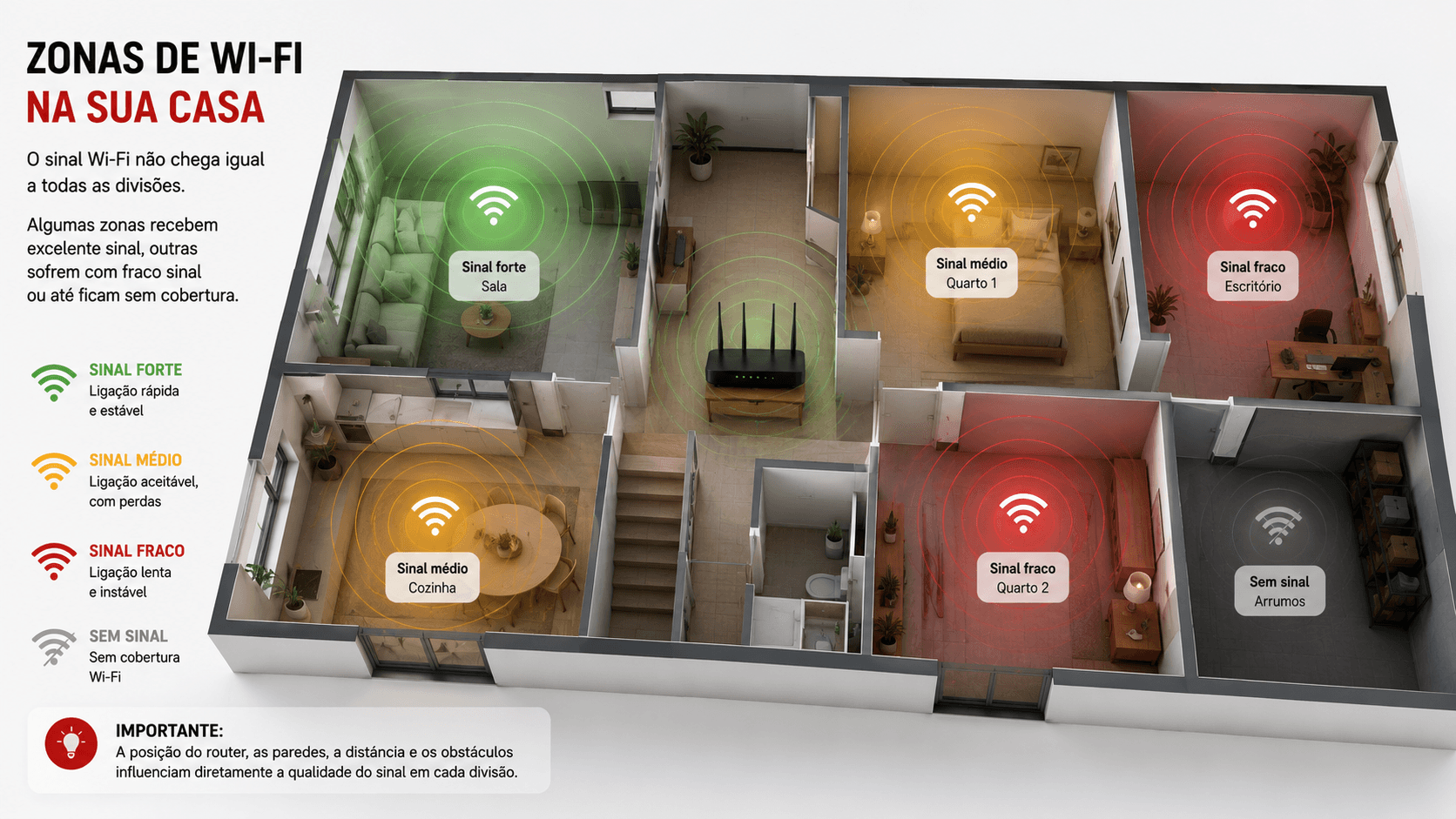 Mapa visual de uma casa com áreas de bom sinal e áreas sem cobertura