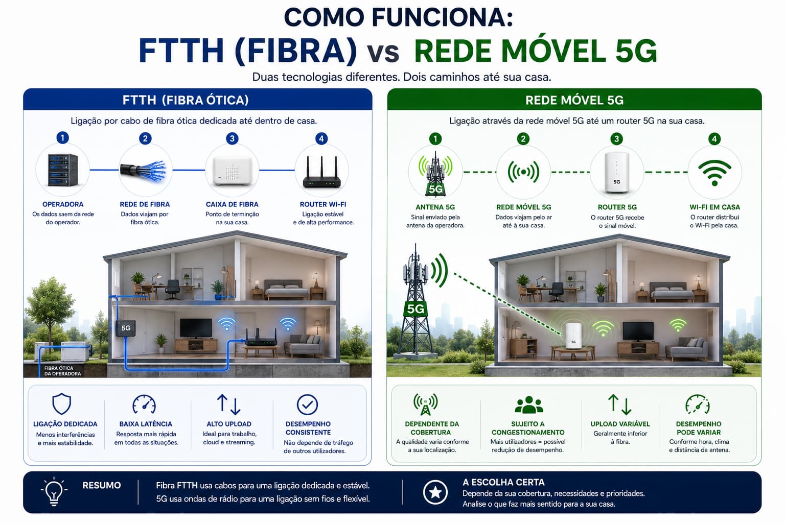 Comparativo visual entre fibra e 5G para gaming, streaming e cobertura