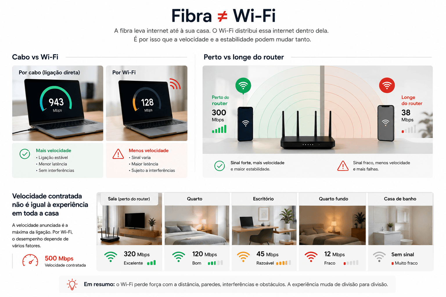 Comparativo entre velocidade por cabo, Wi-Fi perto do router e Wi-Fi longe do router