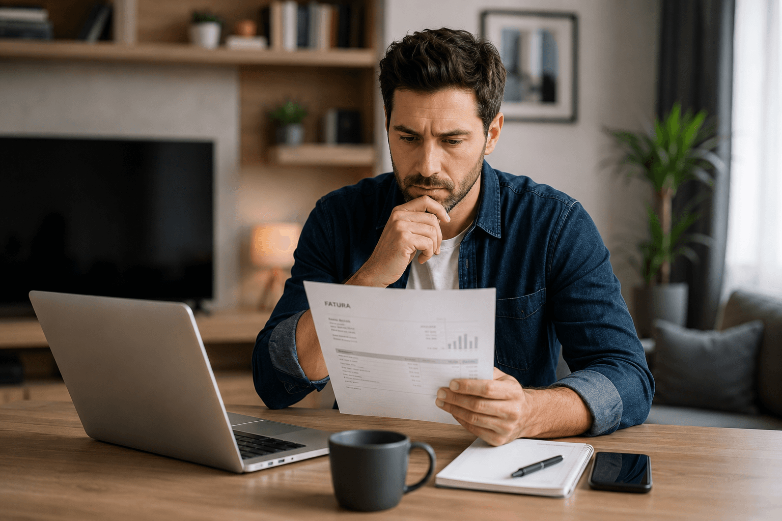 Pessoa a analisar uma fatura e contrato telecom em casa