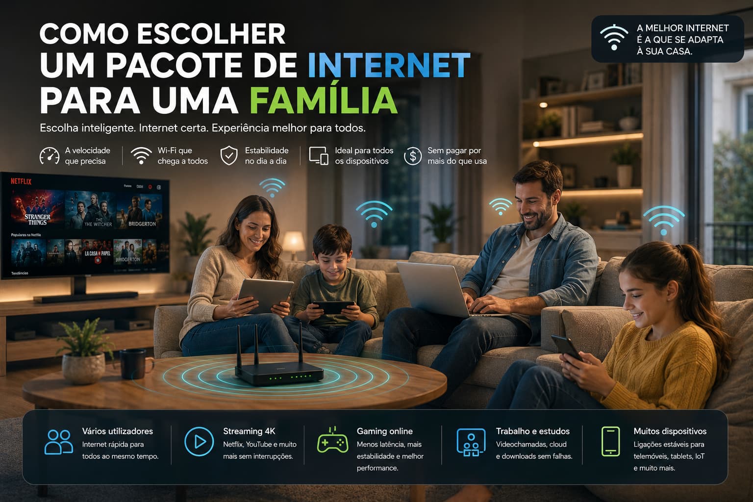 Família moderna a utilizar vários dispositivos em casa