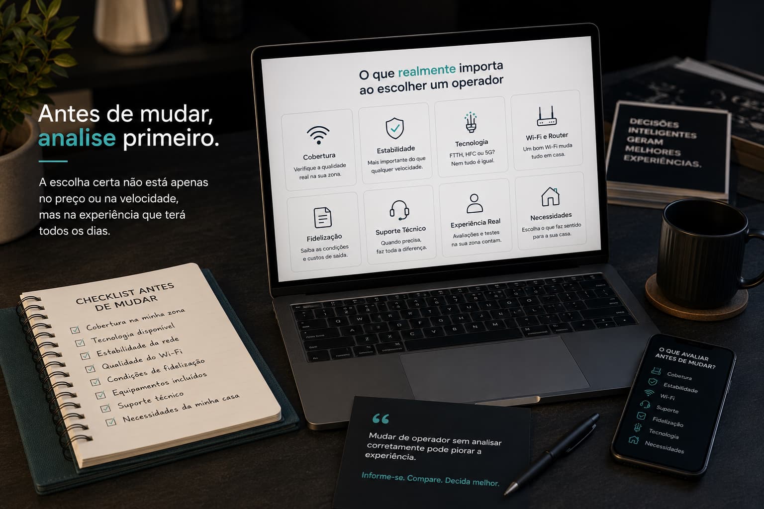Pessoa a analisar operadores num portátil com ambiente moderno premium