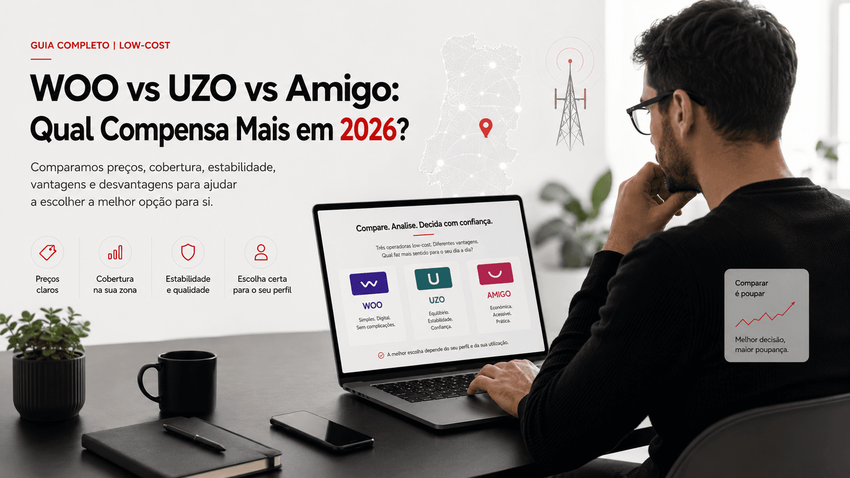 Pessoa moderna a comparar operadoras de telecomunicações num portátil