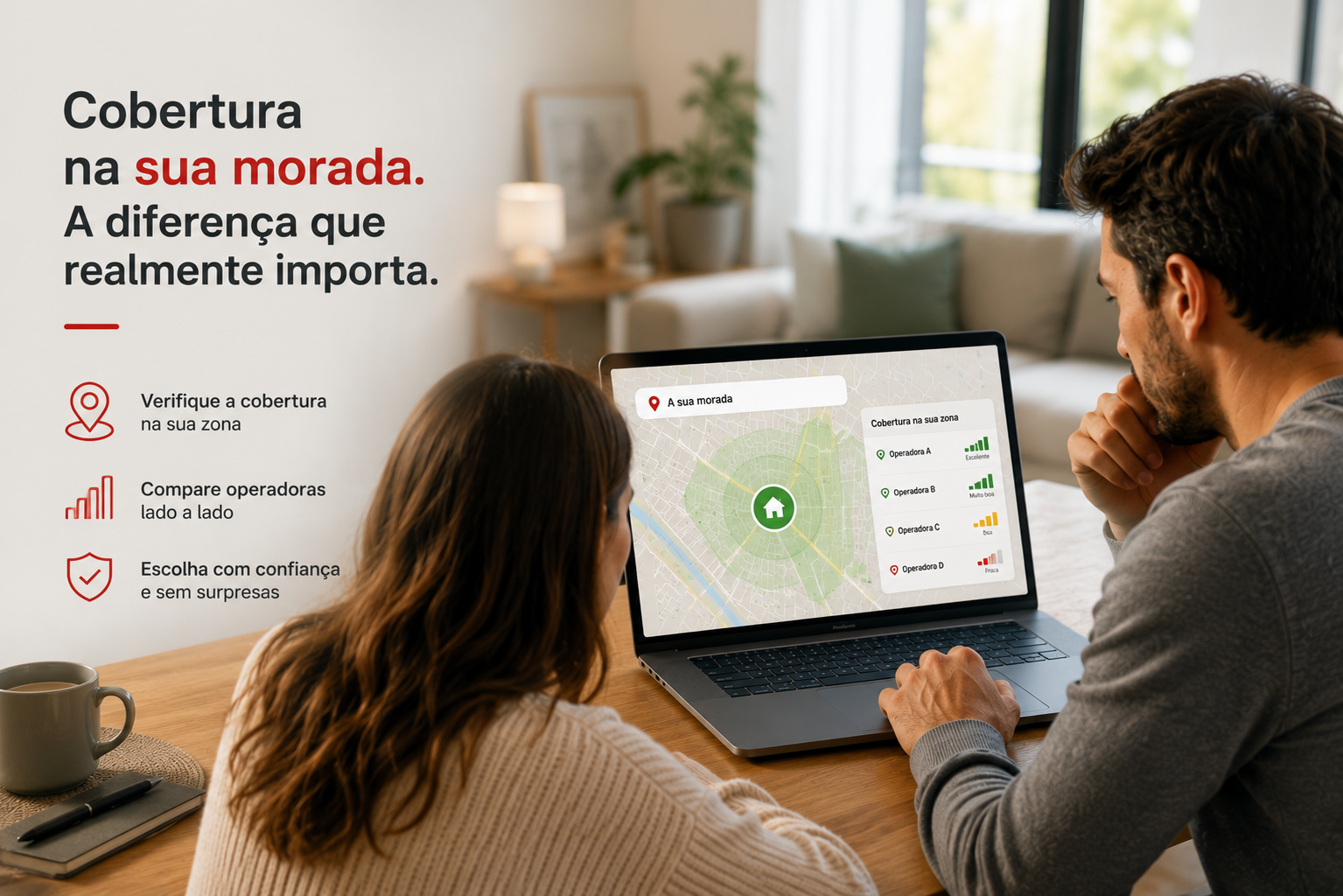 Representação abstrata de uma casa portuguesa e mapa digital de cobertura de internet